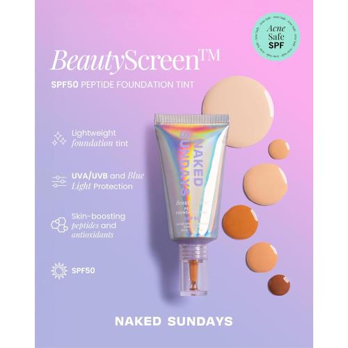 Naked Sundays BeautyScreen Peptide Foundation Tint - SPF 50 Tinted Sunscreen & Skincare Makeup with Zinc Oxide, Niacinamide - Lightweight Natural Coverage, 2 Fair Sand, 1.01 oz