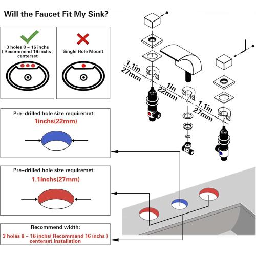 SKOWLL Polished Chrome Deck Mount Bathroom Faucet, 2 Handle Modern LED Waterfall Vanity Sink Faucet, 8 Inch Widespread Lavatroy Sink Faucets