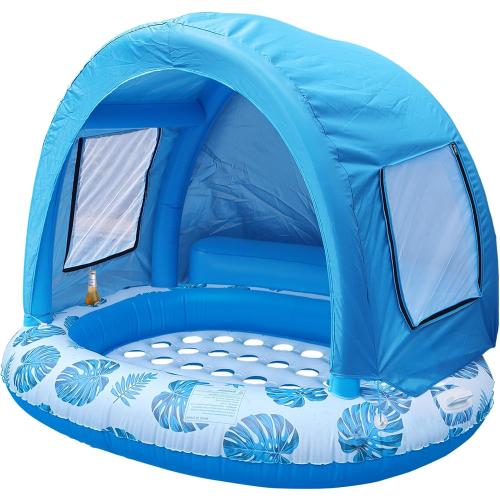 Inflatable Pool Float with Canopy Shade, Extra Large Floating Island, Cup Holder, Tropical Leaf Design