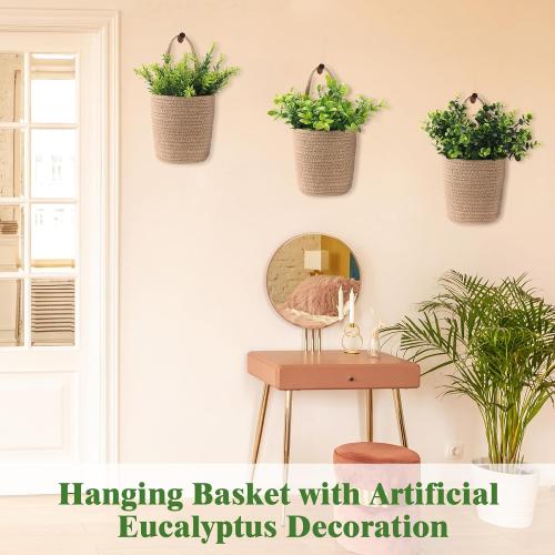 3 Pack Wall Baskets for Plants Hanging Rope Basket with Artificial Plants Woven Farmhouse Jute Storage Organizer Rustic Wall Boho Basket Decor for Porch Living Room(Green Eucalyptus Style,10 Pcs)