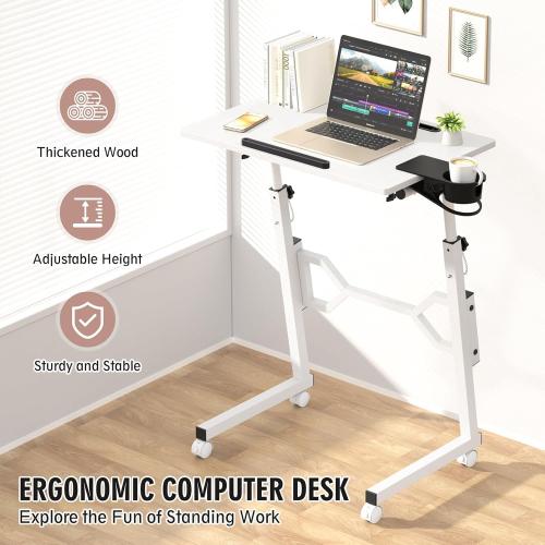 Color White Small Standing Desk with Wheels, Portable Treadmill Desk, Rolling Desk Adjustable Height for Laptop, Mobile Standing Table for Walking Pad, Bedside Table