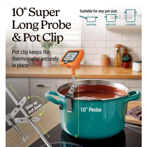 Digital Candy Thermometer with Pot Clip, Instant Read Kitchen Thermometer for Cooking, Baking, and Candy Making – 10 Stainless Steel Probe, LCD Display, Essential Baking Tool