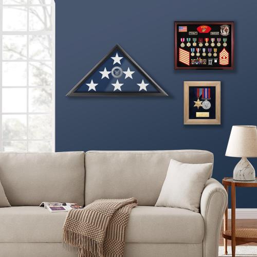 Flag Display Case for Burial Flag, 9.5x5' Folded Flag Case for Burial Flag, Wooden Flag Box Display Case with Wall Mount, Flag Holder for Veteran Burial Flag Display Case, Military Flag Frame (Black)