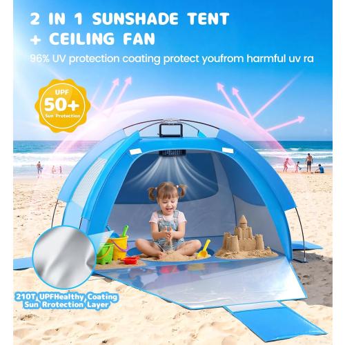 Baby Beach Tent Solar Cooling Fan, Anti-UV Toddler Beach Tent Sun Shelter Portable Travel Fan Beach Shade Tent, Baby Play Tent Built-in Ceiling Fan Sun Shelters Toddler Beach Essentials Blue