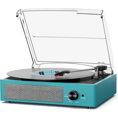 Record Player for Vinyl with 2 Build-in Speakers LP Vinyl Players Belt-Driven Vintage Turntables 3 Speed 3 Size, Wireless Bluetooth Playback, AUX-in, RCA Out, Headphone, Auto Stop Sea Blue