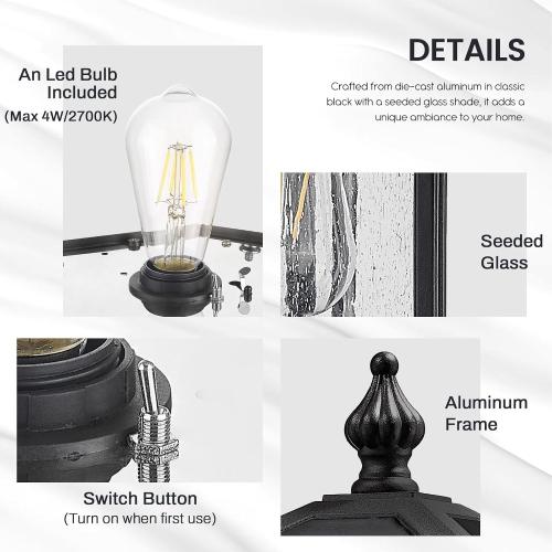 zeyu 19 Inch Solar Post Light with Pier Mount, Modern Large Solar Lamp Post Light for Patio with Remote Control, Die-Cast Aluminum with Seeded Glass Shade, Black Finish, ZX107P-SL BK
