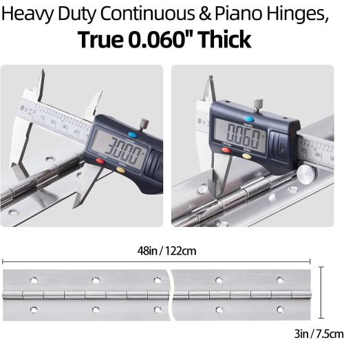 Heavy Duty Piano Hinge 48 Inch x 3 Inch Stainless Steel Continuous & Piano Hinges with Holes, 48 Continuous Hinges for Cabinet, Door, DIY Wood Boxes, 0.060 Leaf Thickness, 3 Open Width