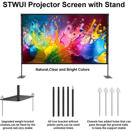 Outdoor-Projector-Screen-with-Stand - 120 inch Portable Projector Screen Indoor Outdoor Projector Screens 16:9 4K HD Lightweight Movie Screen with Carry Bag for Backyard Movie Night
