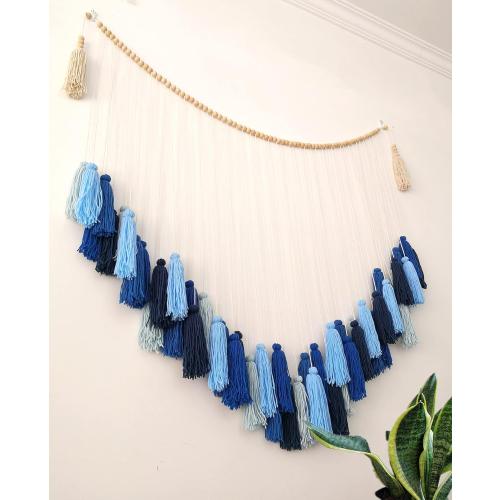 LVOPO Large Macrame Wall Hanging, Boho Wall Decor with Wood Beads, Bohemian Woven Wall Tapestry, Room Colorful Tassels Wall Art - Blue - 48 W x 36 H