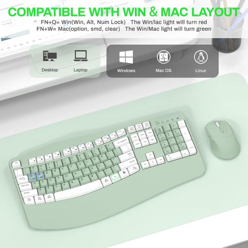 Wireless Keyboard and Mouse Combo,2.4G Full Size Wave Keys Ergonomic Keyboard with Wrist Rest for Natural Typing, 3 DPI Adjustable Ergonomic Mouse for Computer/Laptop/Windows/Mac (Avocado Green-A)