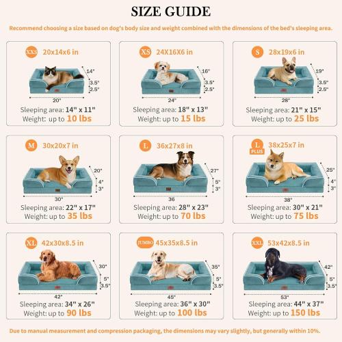 Comfort Expression Orthopedic Dog Bed for Extra Large Dogs 42x30 Inch, Waterproof Egg Crate Foam XL Pet Bed with Removable Bolsters, Dog Couch with Washable Cover & Non-Slip Bottom, Washed Blue