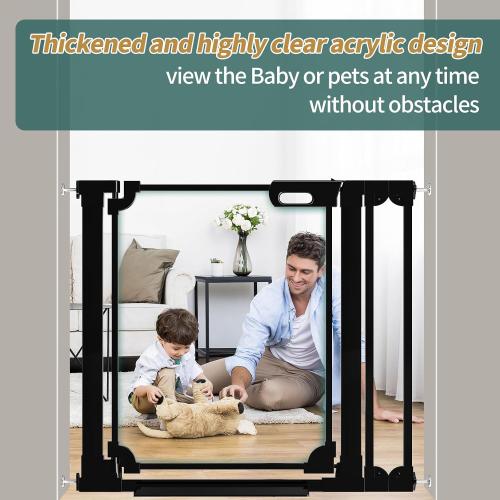 Clear Baby Gate 29.13-37.79 Wide Acrylic Safety Proof Dog Puppy Pet Barrier for Stairs, Transparent Adjustable Pressure Mounted No Drill Auto Close Indoor, Doorways, Hallway,Black