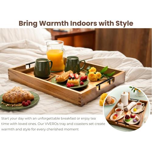 Acacia Wooden Ottoman Tray for Living Room & 6 Coasters Set – 21 Large Coffee Table Serving Tray with Handles, Perfect for Food, Drinks, Kitchen, and Home Decor