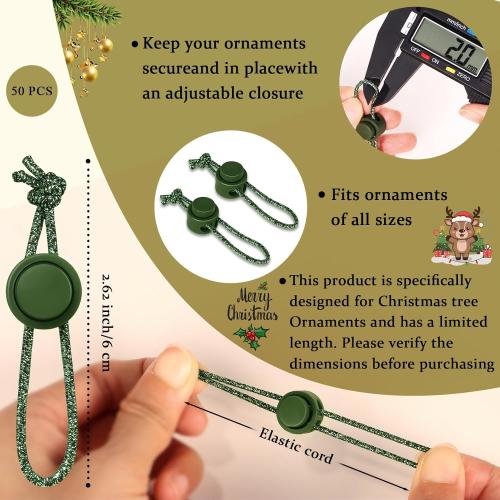50pcs Ornament Anchors for Christmas Tree, Adjustable Non Slip Mini Hangers Hooks, Green Cat Proof Christmas Ball Hangers String Ties