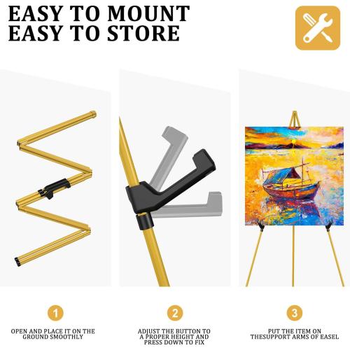 Display Artist Easel Stand - 63 Instant Tripod Collapsible Portable Floor Easel - Easy Folding Adjustable Art Poster Metal Stand for Display Show, Wedding, Painting - Gold