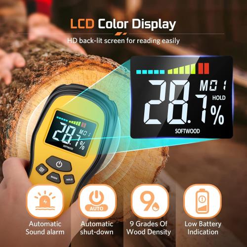 Pinless Moisture Meter - Povlen Wood Moisture Meter Digital Moisture Detector for Lumber Drywall Firewood Masonry Woodworking Plaster Floor Concrete Building with LCD Display Sound Alarm
