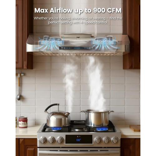 JOCO 36 Inch Under Cabinet Range Hood, 900 CFM Stainless Steel Kitchen Vent Hood, 4-Speed Gesture/Touch/Remote Control C01-36G