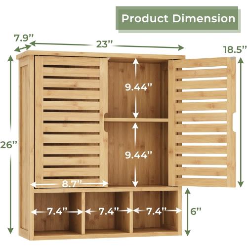 Bathroom Wall Storage Cabinet, Bamboo Medicine Cabinet with Doors and Adjustable Shelves, Bathroom Medicine Cabinet Wall Mount, Wall Mounted Over-the-Toilet Storage Cabinet