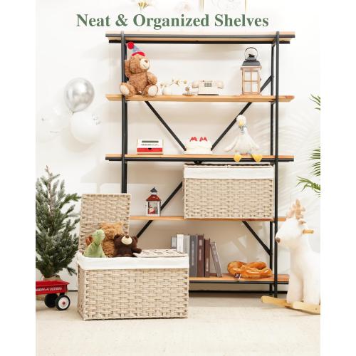 SETVSON Storage Basket with Lid Rattan Woven Storage Baskets with 2 Separate Lids, 17.2 Gallon (65 L) Wicker Storage Bins Foldable 2 Removable Liner Bags Handles for Bedroom, Laundry Room Light Khaki