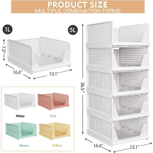 5 Pack Stackable Closet Storage Basket - Stackable Storage Bins, Multifunctional & Foldable Closet Organizer Waterproof, Wardrobe Cupboard Space-Saving Hat Storage Drawer Organizer, White