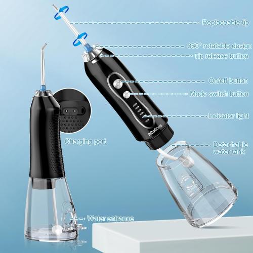 H2ofloss Water Dental Flosser Teeth Pick -Portable Oral Irrigator with 5 Modes, Rechargeable IPX7 Waterproof Orthodontic Teeth Cleaner Pick Cordless for Home Travel-300ml Water Tank