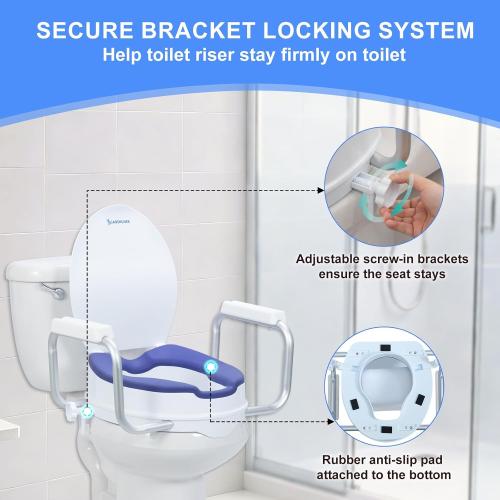 Raised Toilet Seat with Handles, Add 5 inch, Fits Round Toilet | With Cushioned|300 lbs|Includes lid|Adjustable Width|Blue color|for bathroom use