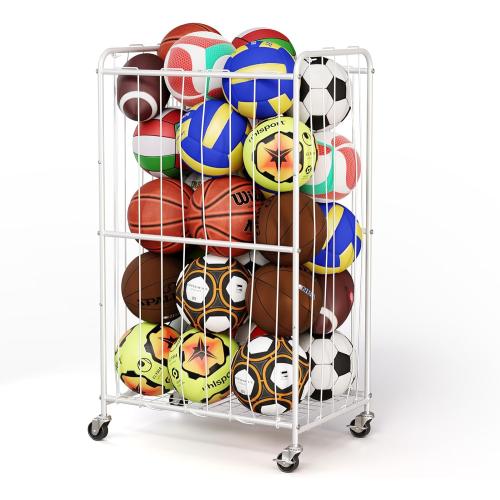 210L Rolling Ball Organizer with Locking Wheels - Large Sports Storage Basket for Basketball Soccer Football Volleyball, Steel Garage Equipment Cart with Elastic Rope for Household Storage
