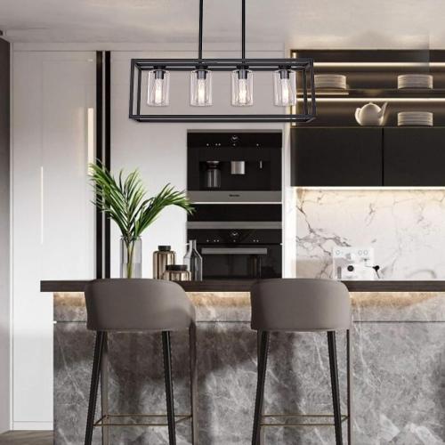 XILICON Black Dining Room Chandeliers Lighting Fixture Linear Pendant Modern 4-Light with Glass Shades Vintage Farmhouse Ceiling Light Hanging for Kitchen Island Cafe Bar