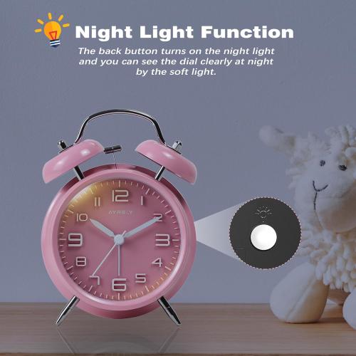 AYRELY® Super Loud Twin Bell Alarm Clock for Heavy Sleepers Adults, 4-Inch Retro Silent Non-Ticking with Night-Light, 3D Raised Number Dial, Battery Operated for Bedroom Bedside (3D Dial – Pink)