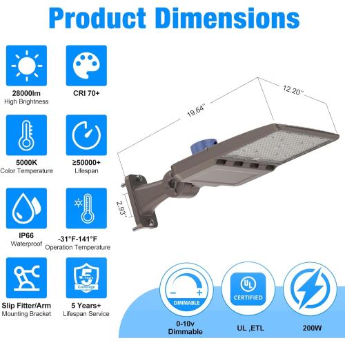 LED Parking Lot Light, 200W, 28000LM 5000K Shoebox Light with Dusk to Dawn Photocell,Adjustable Arm Mount, IP66 Waterproof, Commercial LED Area Security Light for Parking Lot,Roadway
