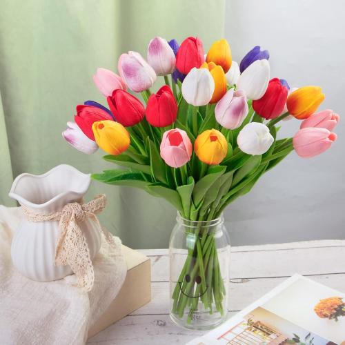 Ouddy Decor 30 Pcs Multicolor Artificial Tulip Flowers PU Real Touch Fake Plants Faux Bouquet for Room Office Table Party Spring Summer Wedding Home Decorations