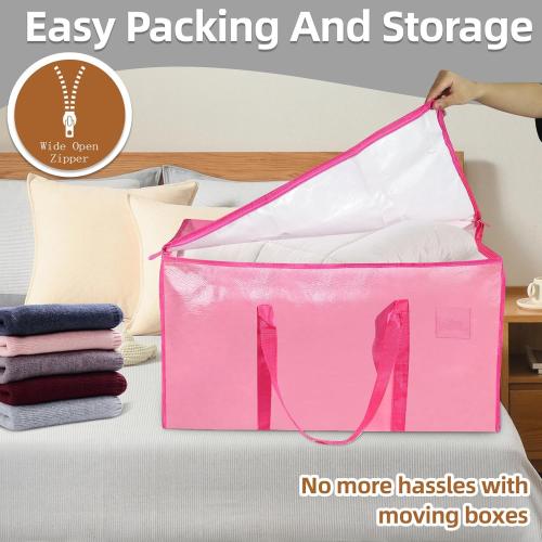 12 Pack-Extra Large Heavy Duty Moving Bags - Waterproof Storage Totes with Handles & Zippers, Foldable for College Dorm, Storage (Pink)