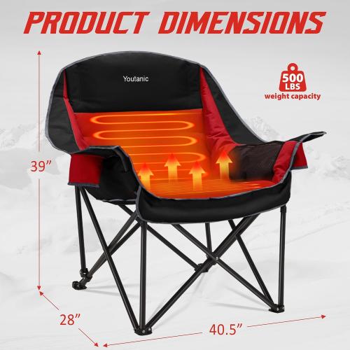Youtanic Oversized Extra Large Heated Padded Camping Chair up to 500lbs, 3 Heat Levels Camp Chair with Carry Bag, Outdoor Heating Folding Chairs for Adults, Fishing, Sports, Picnic, Red-Black