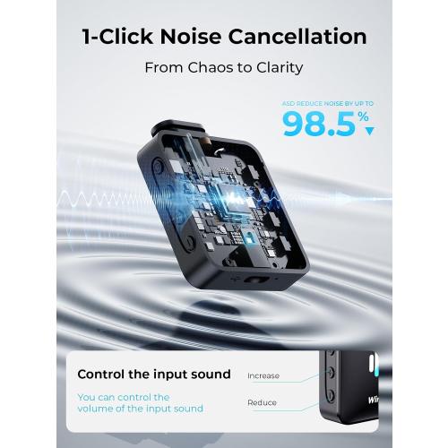 3-in-1 Mini Microphone for iPhone: Wireless Lavalier Microphone with 80ft Range & 15H Battery - Noise Reduction Lapel Mic, Real-Time Monitoring for Video Recording, Vlog,Light Black