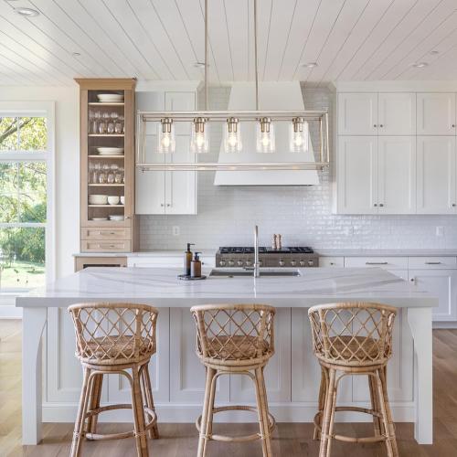 Farmhouse Chandeliers for Kitchen Island, Modern 5-Light Rectangle Chandelier, Brushed Nickel Linear Pendant Lighting Fixture with Clear Glass Shade, L35.4 Inch
