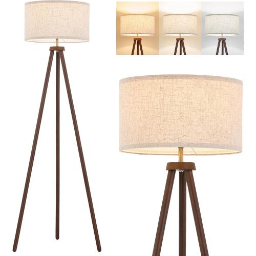 ELYONA Wood Tripod Floor Lamp Brushed Brass Metal & 3 Color Temperatures LED Bulb Vintage Wooded Standing Lamp Industrial Tall Light for Living Room Bedroom Office Beige Linen Shade Dark Brown & Gold