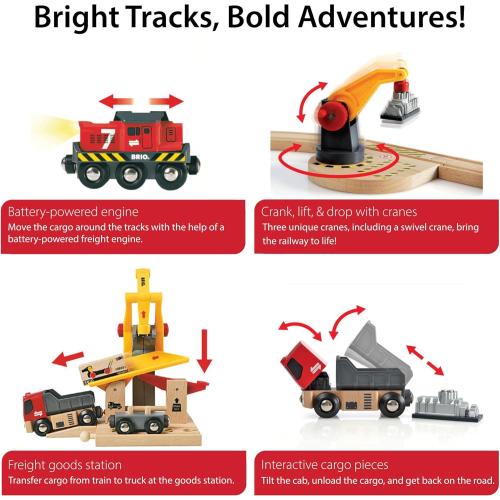 BRIO World Cargo Railway Deluxe - Wooden Track Train Set - Battery-Powered Engine, 3 Cranes, Bridge, Truck - Kids Ages 3  - Compatible with All BRIO Sets - FSC Certified Wood - 54-Pieces