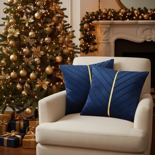 Tosleo Navy Blue Pillow Covers 18 x 18 inch Pack of 2 with Gold Leather Soft Velvet Throw Pillow Covers Decorative Couch Pillowcases Luxury Modern Pillow Cover Spring Home Decor