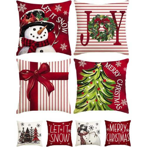 RABUSOFA Christmas Pillow Covers 18x18 Inch Set of 4 with 8 Design Double-Sided, Let It Snow Snowman Joy Stripes Gift Box Red Xmas Tree Winter Holiday Throw Cushion Case Decorations for Sofa Couch