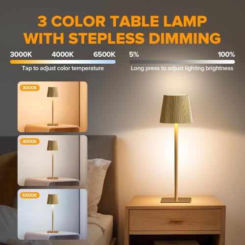 LUTEC 4 Pack Cordless Table Lamp,6000mAh Rechargeable Battery Operated Desk Lamp,Two Adjustable Heights,Waterproof, Touch Control & 3 Color Stepless Dimming for Restaurant/Bedroom/Bars/Outdoor (Gold)
