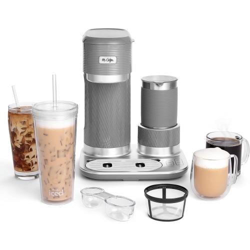 Grey Mr. Coffee 4-in-1 Latte Lux Iced Hot Coffee Maker with Built-In Milk Frother Single-Serve 22 Ounces