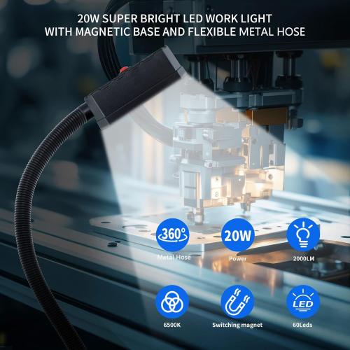 Magnetic Work Light, 2000 Lumens Led Machine Light with Strong Magnetic Base, 20 inch Flexible Magnetic Lamp for Garage, Workshop, Bandsaw, Lathe and Drill Press, 120V, Black