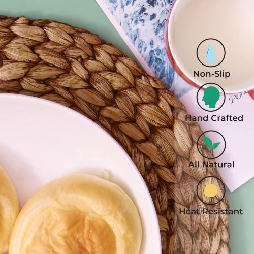 Brown Woven Placemats Round Set of 10 Natural Water Hyacinth Weave Placemat for Dining Table