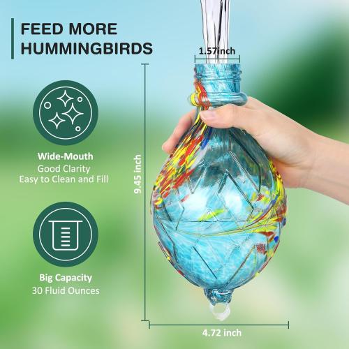 Hummingbird Feeders for Outdoors Hanging Ant and Bee Proof, Hand Blown Glass Hummingbird Feeder with 5 Perches, 30 Fuild Oz Capacity, Garden Backyard Decor, Blue