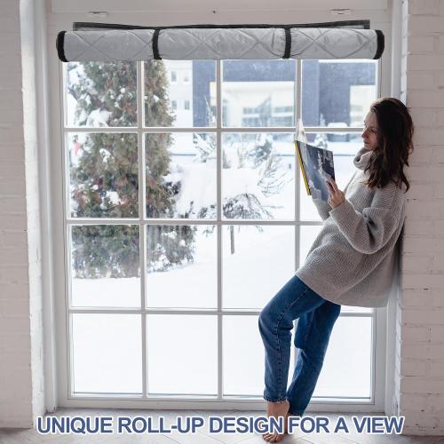63 x 47 Inch Window Insulation for Winter, Thermal Window Cover 3 Layer with Oxford Cloth Thicken Cotton Filled, Roll-up Insulation Blanket Kit with Hook & Loop for Bedroom Attic to Keep Heat Warm