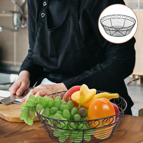 Iron Wire Bread Basket and Fruit Bowl for Kitchen Counter, Black Metal Wire Storage Basket, Round Home Fruit Holder for Table Centerpiece and Serving