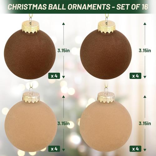 16 Pcs Velvet Christmas Ornaments Balls Set, 3.15 Christmas Tree Ornaments, Flocked Ornaments Neutral Decorative Hanging Ornaments for Xmas Tree Holiday Party Home Decor