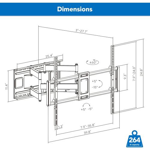 Mount-It! Heavy Duty XXL Full Motion TV Wall Mount for Extra Large TVs, max VESA 900x600, Holds up to 264lb, Swivel Tilt Extension Adjustable TV Mount for 60 65 75 80 85 90 98 100 115 120 in