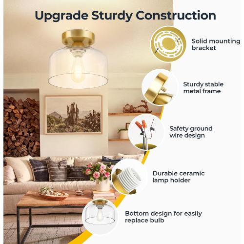 Semi Flush Mount Ceiling Light Brushed Gold - Clear Glass Pendant Lamp Shade, Modern Farmhouse Light Fixture for Hallway Corridor Kitchen Entryway Bedroom, Bulb Not Included