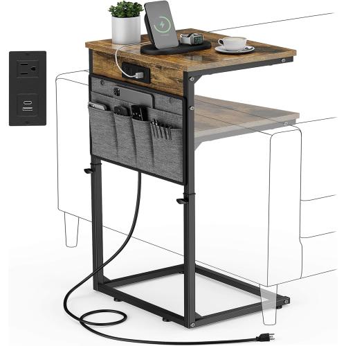 Black Wood Brown and Grey Vagusicc C Shaped End Table with Charging Station, 33 Tall Side Table for Couch, Sofa Table Adjustable Height Small Couch Side C Table, Slide Under Sofa Tray Arm Table for Living Room, Bedroom, Brown